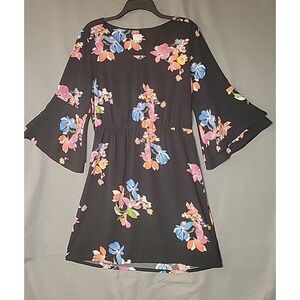 A New Day Floral Dress Medium‎ Bell Tiered Sleeves Zip Up Career Officewear